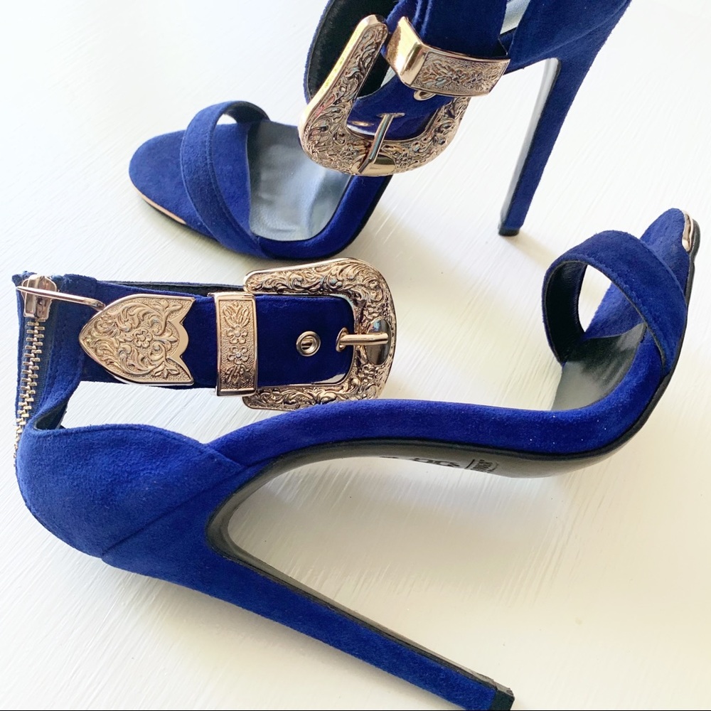 🍋 Jennifer Le blue suede & gold buckle heels 36